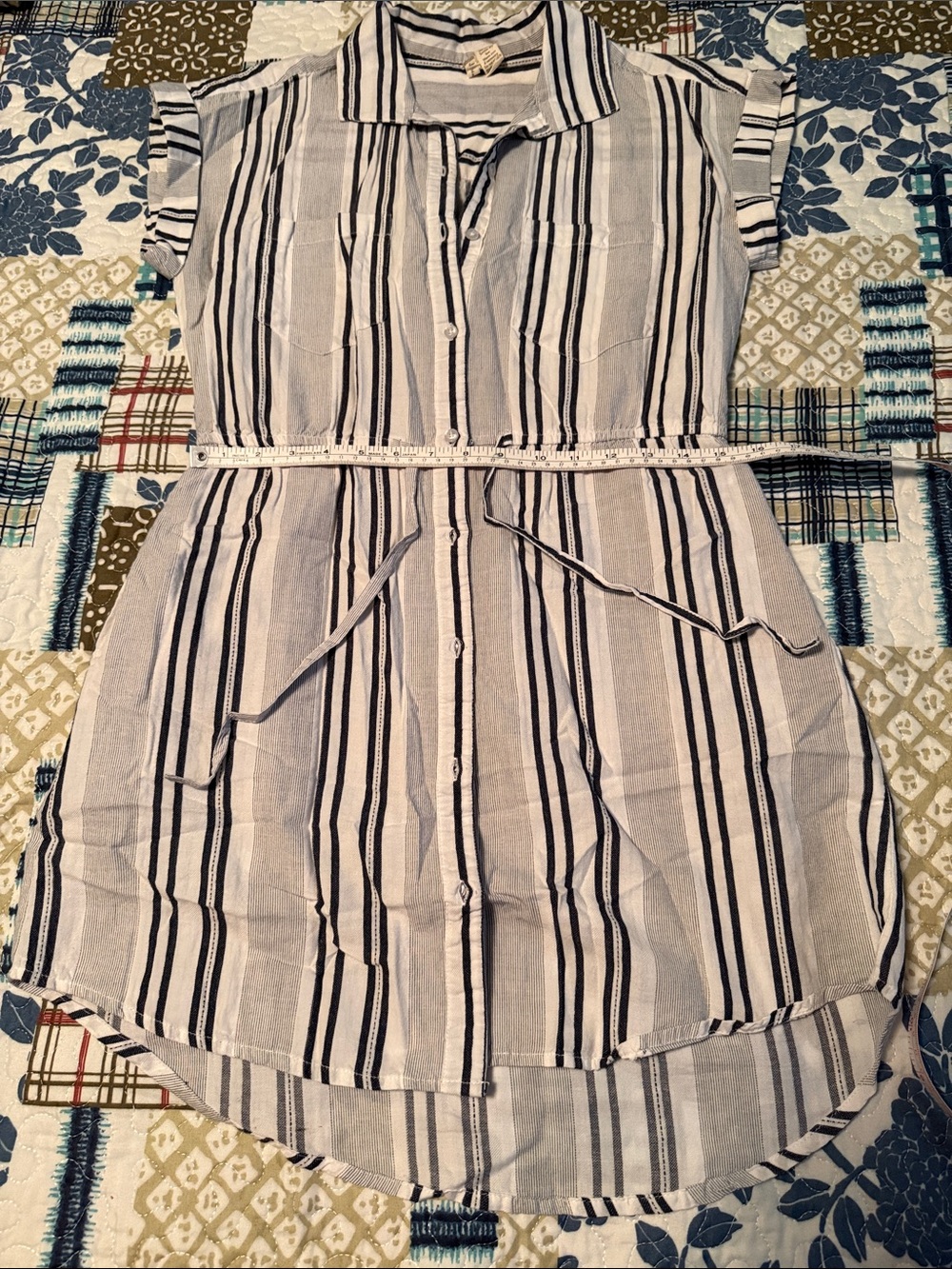 Sleeveless Navy and White Striped Cotton Shirt Dress with pockets